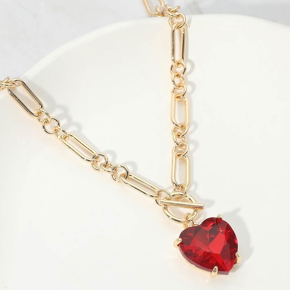 Red Heart Toggle Paperclip Link Crystal Pendant Necklace Gold Jewelry Chain
